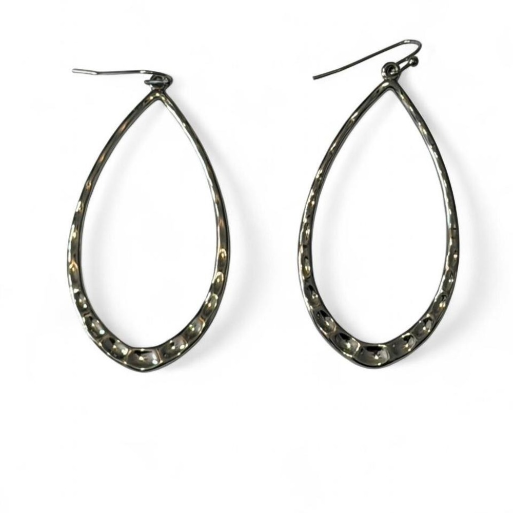 Silver‎ Tone Hammered Teardrop Open Hoop Earrings